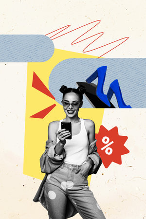 Trend artwork sketch image collage of discount offer price black friday young lady stand hold smartphone type sale shoes footwear percentの写真素材