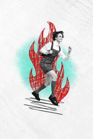 Trend artwork sketch image composite 3D collage of autumn season fall young student lady run fast burning flame deadline hurry punctualityの写真素材
