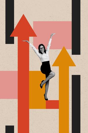Vertical photo collage of happy business girl stand promotion arrow success development aim achievement isolated on painted backgroundの写真素材