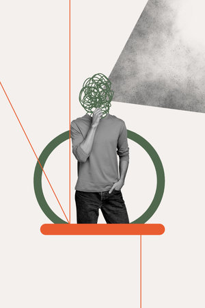 Vertical photo collage of minded headless guy hand hold chin brainstorm concept chaos thoughts solution isolated on painted backgroundの写真素材