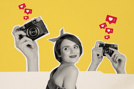 Trend artwork composite sketch image photo collage of silhouette woman face model posing portrait pinup photocamera shooting like reactionの写真素材