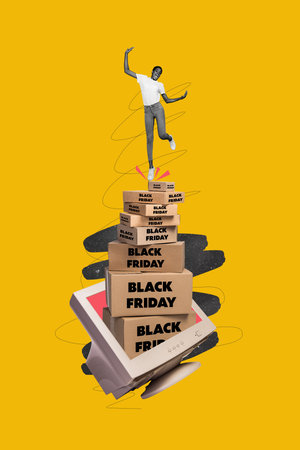 Vertical photo collage of happy american girl dance box delivery order peek pc monitor shopping black friday isolated on painted backgroundの写真素材