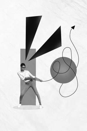 Composite sketch image artwork collage of monochrome workspace geometric elements young lady strong...
