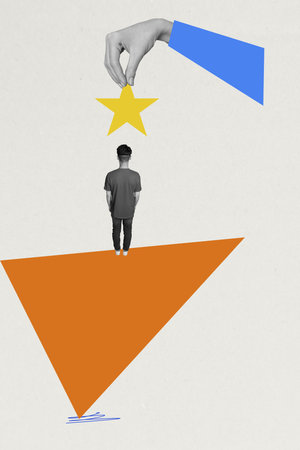Trend artwork composite sketch image photo collage of hand hold star young man model posing stand huge triangle idea motivation successの写真素材
