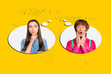 Composite photo collage of two minded astonished girl guy communication bubble speech concept talk dialogue isolated on painted backgroundの写真素材
