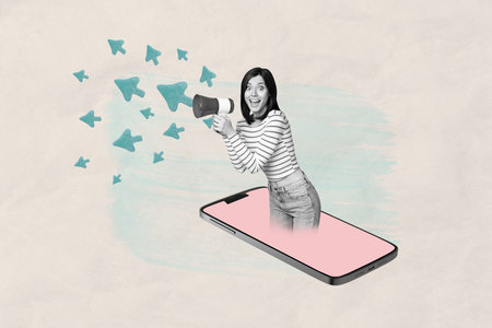 Composite photo collage of excited businesswoman peek phone screen hold megaphone arrow progress career isolated on painted backgroundの写真素材