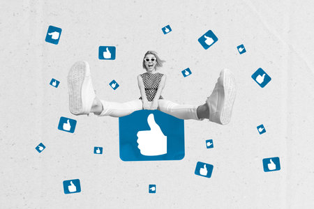 Artwork collage image of overjoyed woman popular blogger enjoy success isolated on drawing backgroundの写真素材