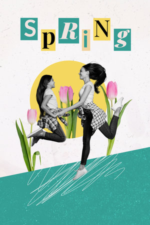 Composite artwork sketch image photo collage of surreal outdoors spring season nature woman day young lady mom daughter sister jump happyの写真素材