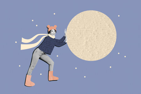 Collage image picture of funny good mood charming girl big snowball isolated on creative drawing...