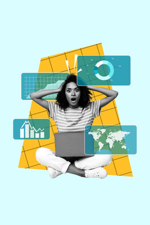 Collage poster artwork of shocked attractive woman work online with modern gadget isolated on drawing backgroundの写真素材