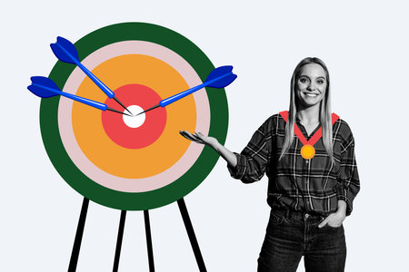 Composite photo collage of happy girl win success promotion target wear medal reward development progress isolated on painted backgroundの写真素材