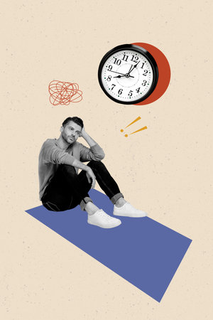 Composite trend artwork sketch image photo collage of alarm clock time deadline hour run sad young guy sit bad mood think tired line messの写真素材