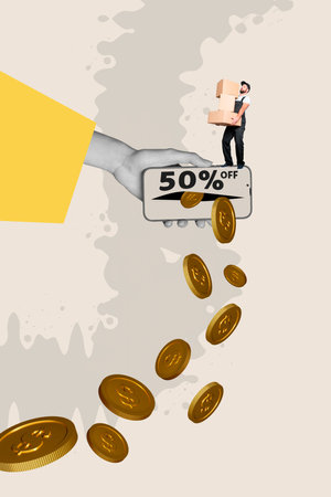 Vertical photo collage of serious man courier carry box parcel phone screen sale coin payment...