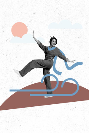 Vertical photo collage of happy girl wear scarf windy winter weather walk new year xmas atmosphere isolated on painted backgroundの写真素材