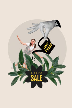 Vertical photo collage of happy girl extra sale plant care watering can hand black friday hot price isolated on painted backgroundの写真素材