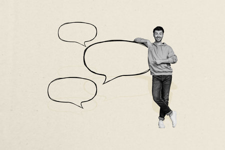 Creative poster collage of young man speech bubble connection talking bizarre unusual fantasy billboard comicsの写真素材