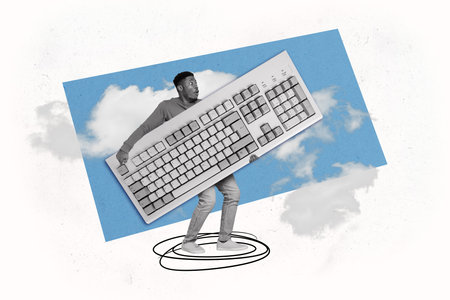 Creative collage young man employee office worker carry giant keyboard computer equipment clouds sky environment digital userの写真素材