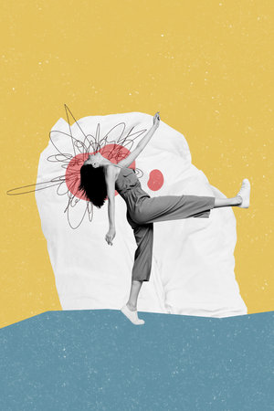 Composite trend artwork sketch image photo collage of cloud sky young woman tired headache think mind line doodle walk step movingの写真素材