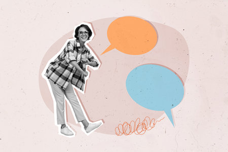 Trend artwork sketch image composite photo collage of speech cloud dialog chatting conversation silhouette young lady dance moving happyの写真素材