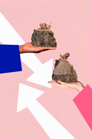 Vertical photo collage of people hands hold snail mollusk pet arrow up down pointer slow development...