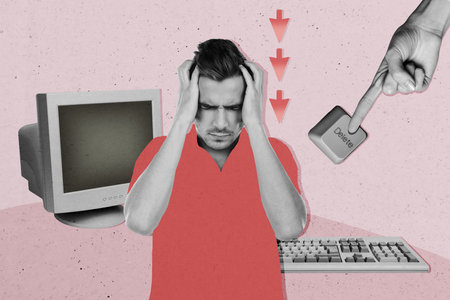 Composite photo collage of upset businessman hold head work failure sit office workplace delete button pc isolated on painted backgroundの写真素材