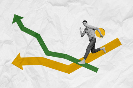 Creative composite photo collage of happy excited man holding crypto coin run to achieve crypto...