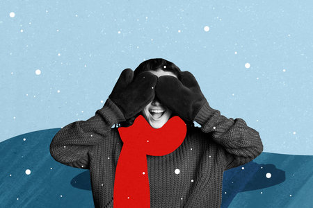 Sketch composite trend 3D collage of winter season advent Christmas holiday young lady cover eyes hand glove wear scarf cold weather parkの写真素材