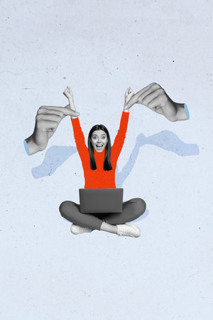 Vertical image collage young cheerful woman laughter raise hands 3d body fragments hold laptop remote worker manipulationの写真素材