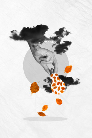 Trend artwork composite sketch photo collage of autumn season leaves fall gray clouds bad weather...