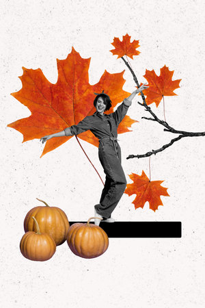 Sketch image trend collage of autumn season happy thanksgiving day young lady pinup model smile...