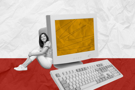 Image collage poster of dreamy cute lovely woman sitting looking on screen display paper placard backgroundの写真素材