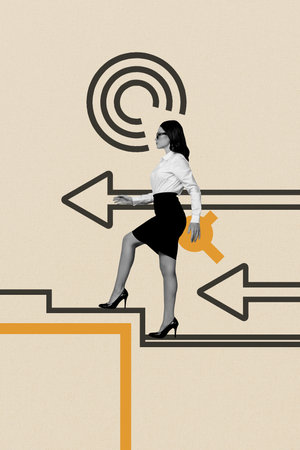 Vertical poster collage young businesswoman step upstairs go ambition achieve goal aim target improvement strategy drawing backgroundの写真素材