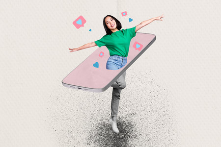 Composite photo collage of happy smile girl dance inside phone screen device receive like heart...