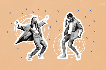 Composite photo collage of happy korean girl man dance birthday confetti club occasion weekend discotheque isolated on painted backgroundの写真素材