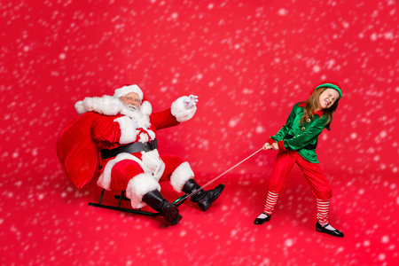 Full body photo of unhappy elf in hat headwear pulling christmas father with eyeglasses eyewear spectacles hold carry bag isolated over red backgroundの写真素材