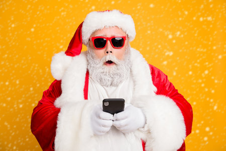 Omg tradition christmas discounts Close up photo of impressed voiceless funky fat santa claus use...
