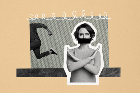 Composite photo collage of strict woman taped mouth show restriction sign jail man run escape imprisonment isolated on painted backgroundの写真素材