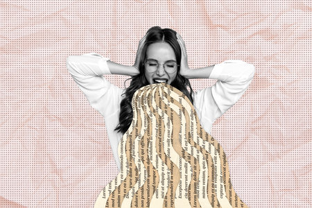 Trend artwork composite image 3D photo collage of portrait picture text page wave line young woman face grimace headache hand hold headの写真素材