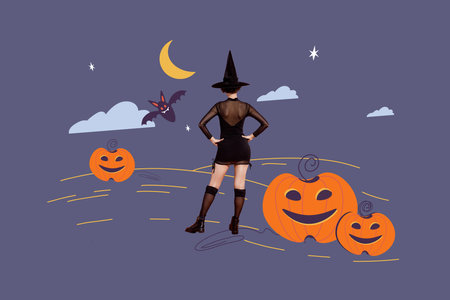 Composite photo collage of anonym witch stand back carved jack pumpkin halloween decor bat dark night isolated on painted backgroundの写真素材