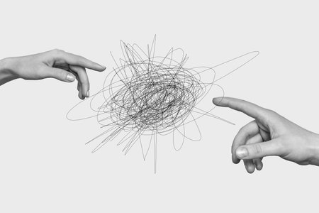 Composite photo collage of crazy man jump twine air levitation hands index finger bridge imitation isolated on painted backgroundの写真素材