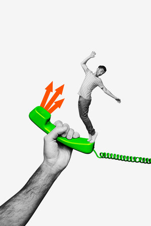 Vertical collage young man falling down balance telephone speech call listen landline cable line hand body fragment hold communicationの写真素材