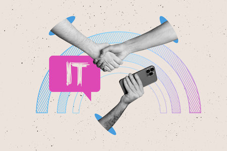Creative collage picture handshake gesture body fragments textbox message information technologies...