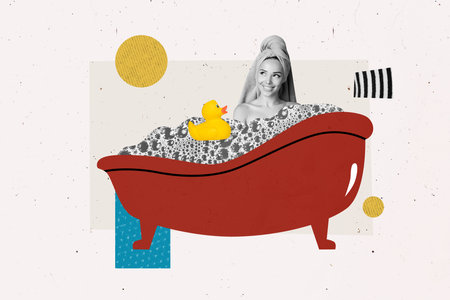 Composite photo collage of happy girl take bath shower foam relax spa procedure turban skincare treatment isolated on painted backgroundの写真素材