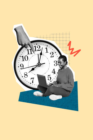 Vertical photo collage of happy american girl type laptop freelancer timetable hand point limit...