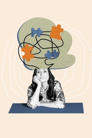 Vertical poster collage mature woman think solution find idea plan puzzle quiz connect complete...