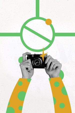 Vertical creative art collage of hands hold photo camera device retro paparazzi device stop restriction isolated on painting backgroundの写真素材