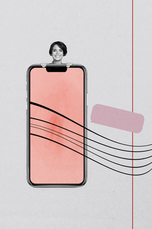 Vertical collage young cheerful girl hide smartphone digital device display touchscreen email receive message textbox phrase citeの写真素材