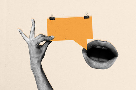 Composite trend artwork sketch image 3D photo collage of abstract omg lips gossip news hand finger hold showing speech cloud message smsの写真素材