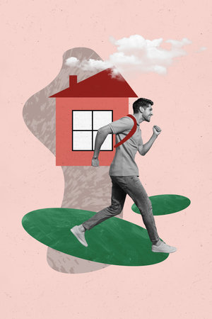 Composite trend artwork sketch photo collage of travel moving relocate homeless young man run carry backpack shape house build new homeの写真素材