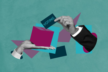 Composite trend artwork sketch image photo collage of vote choice politician ballot candidate president sleeve hand hold blank boxの写真素材